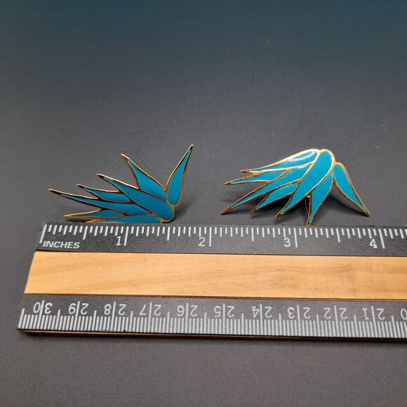 Vintage L Bott Modernist Burst Earrings, Turquoise Enamel, Gold Tone, 80s - Picture 6 of 10